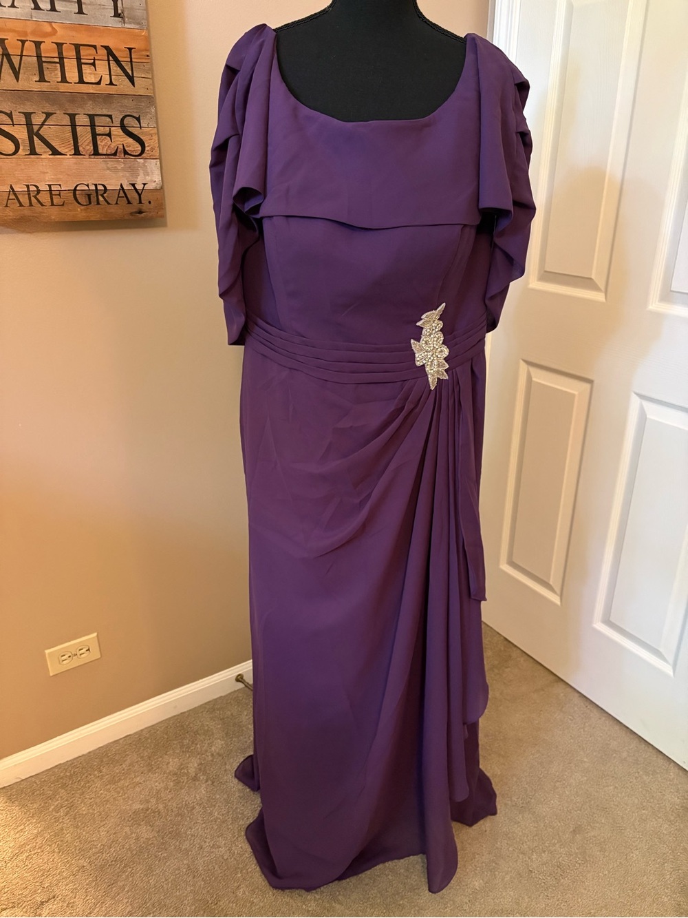 Chiffon Off-Shoulder Purple Evening Dress with Side Ruffle and Embellishment - Picture 3 of 7